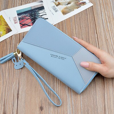 Women Long Wallets Zipper Pink Phone Pocket Purse Card Holder Patchwork Girl Handbags Lady Tassel Short Coin Purse: Blue-L