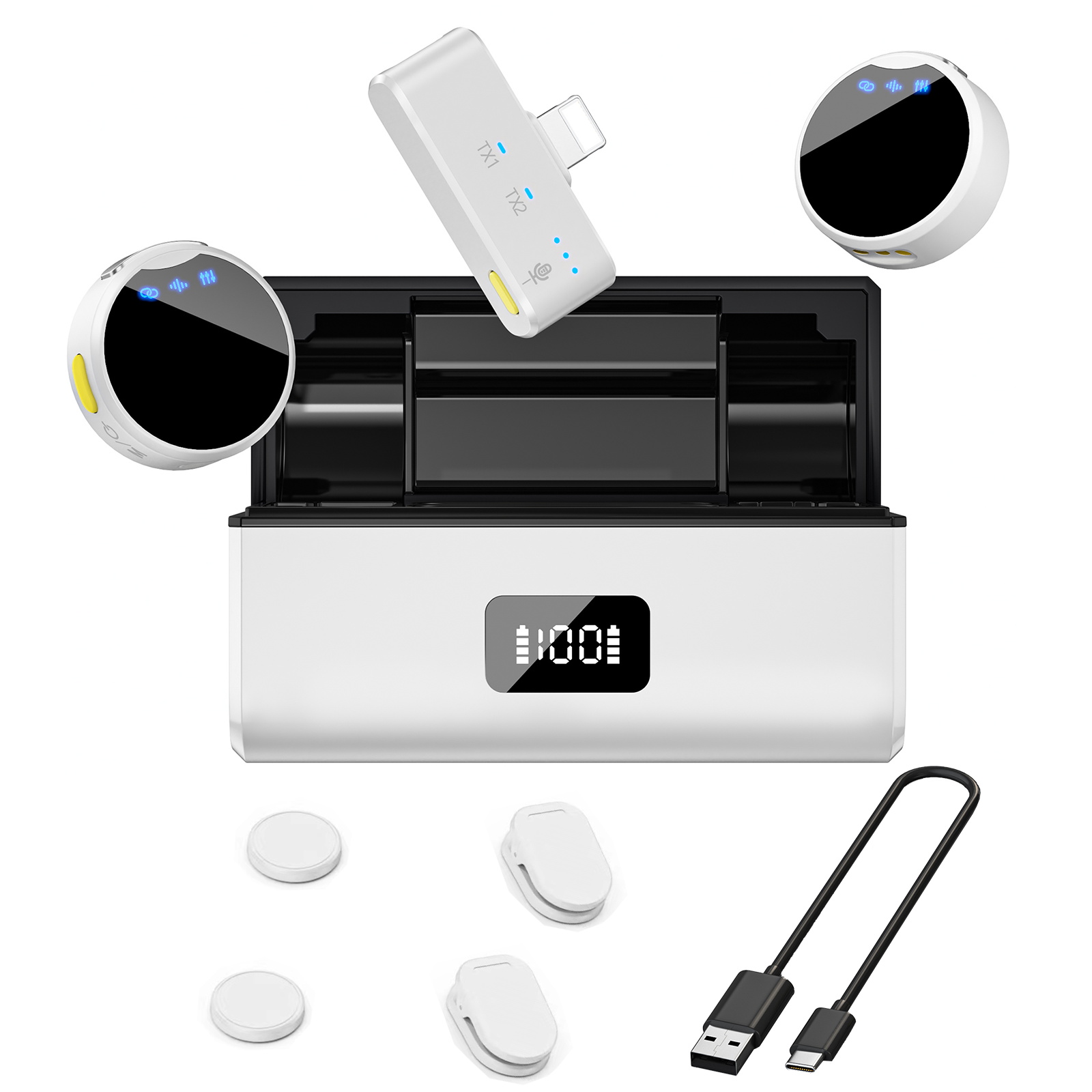 Microfono Lavalier Wireless con scatola di ricarica riduzione del rumore magnetico microfono professionale con risvolto per la registrazione in Studio dal vivo: Argento