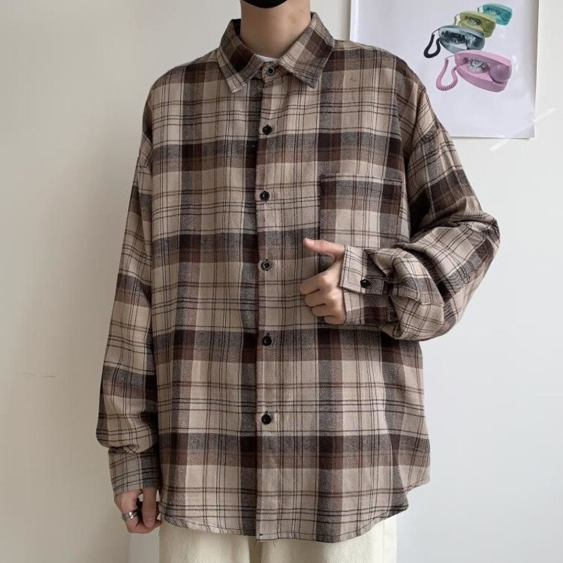 Våren bomulls rutig skjorta herr retro brun fritidsskjorta herr streetwear vilda lösa långärmade skjortor herr m-xl
