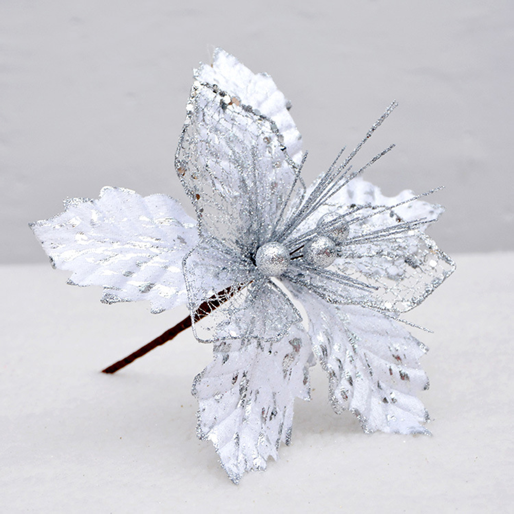 22cm blomst hoved glitter kunst silke blomst juletræ ornament gør-det-selv juledekoration år indretning navidad: Sølv 22cm