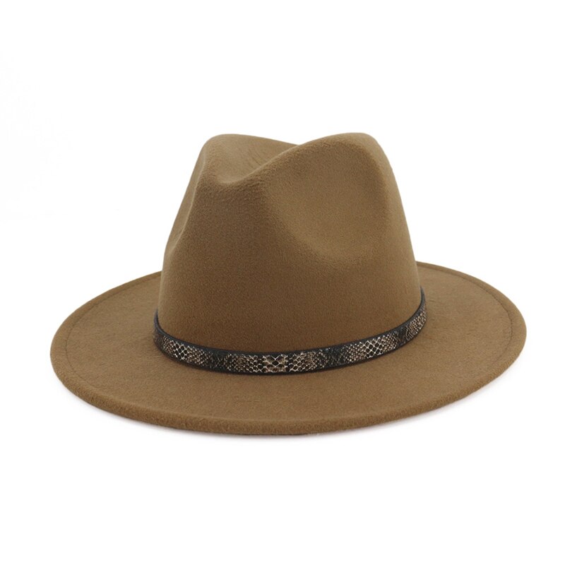 QBHAT femmes hommes à large bord laine feutre chapeau disquette Jazz casquette Panama Fedora chapeaux avec serpent Grain cuir Trilby QB57: light coffee