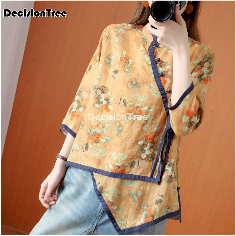 Camisa tradicional china de algodón para mujer, tops de estilo chino, ropa de té folclórica retro, blusas con estampado de flores, Blusa de gasa diaria 2022
