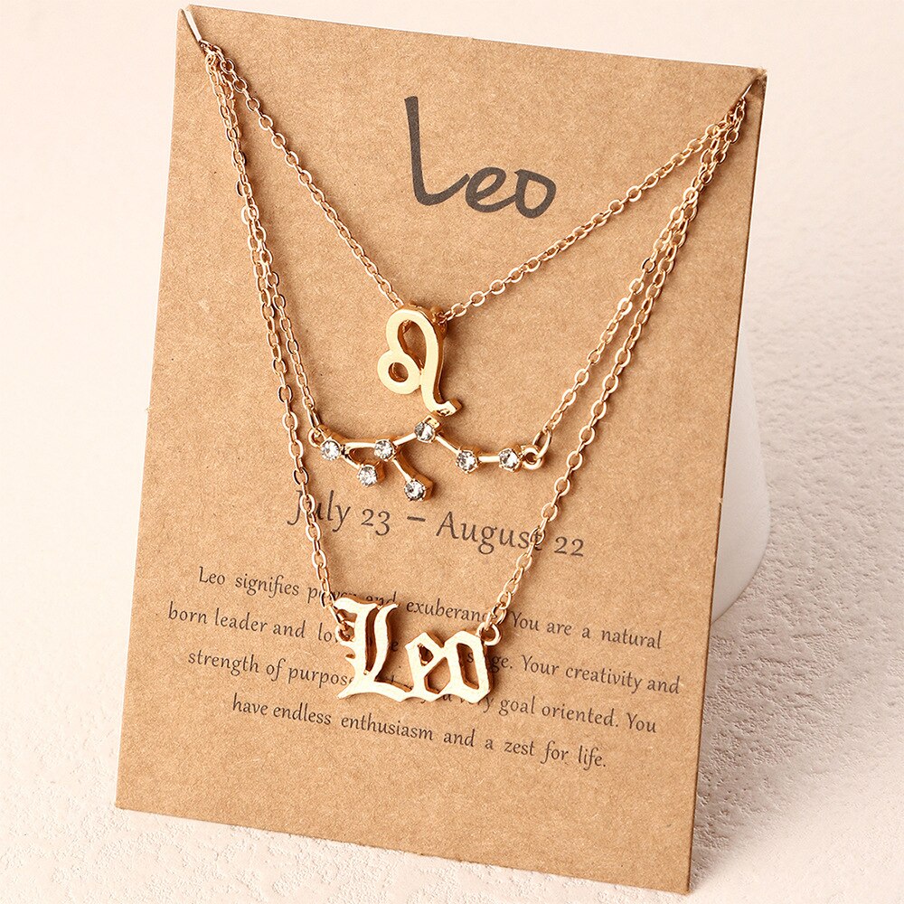 3Pcs/Set zodiac necklace 12 Constellation Charm Gold Necklace Aries Cancer Leo Scorpio Necklace Jewelry Gifts: Leo