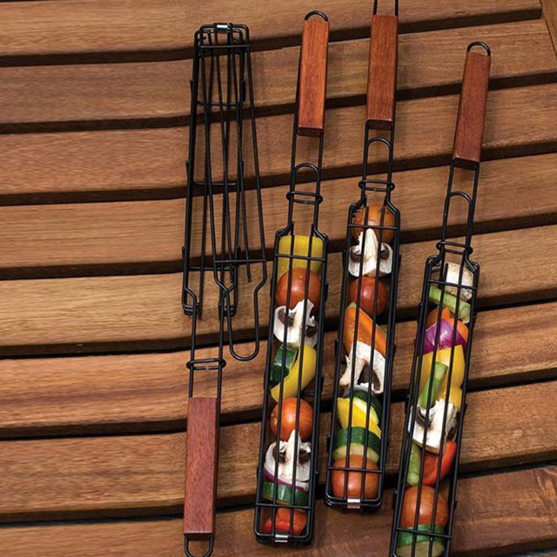 Wooden Handle Barbecue Cage Grill Net Portable Non-stick Barbecue Accessories Camping Charcoal Grill BBQ Grill Outdoor Stove