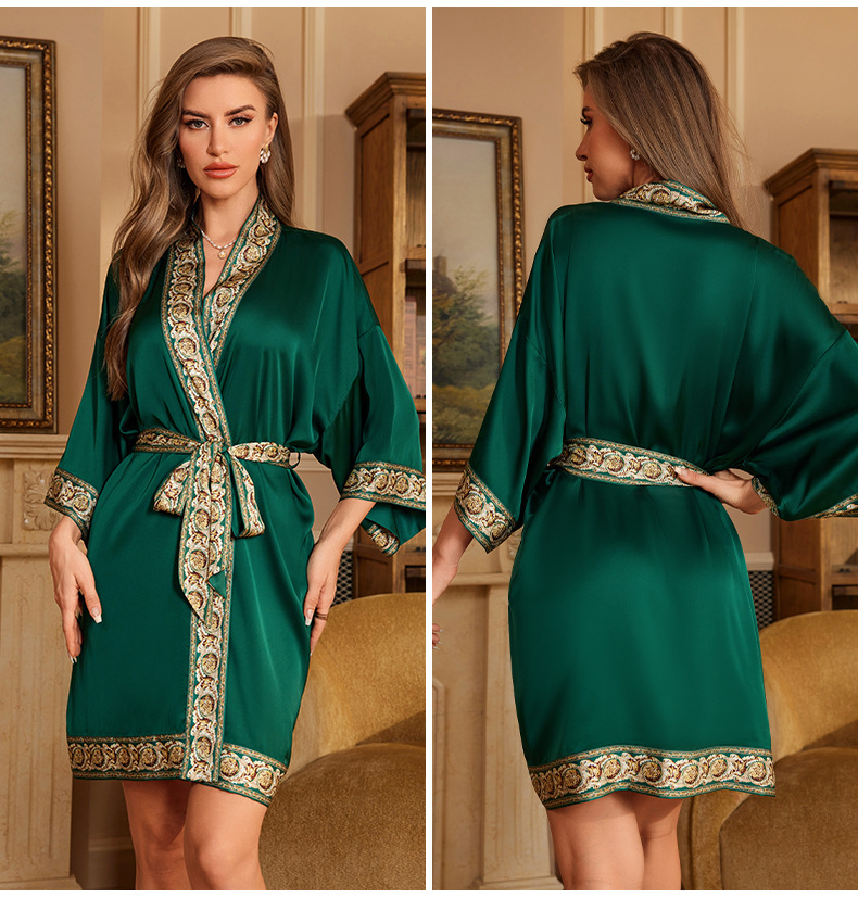 Seide Kunstseide V-Ausschnitt Kimono Kleid Kleid Frauen elegante kurze Bademantel Nachtwäsche Dame Party Salon tragen Nachthemd: Braun