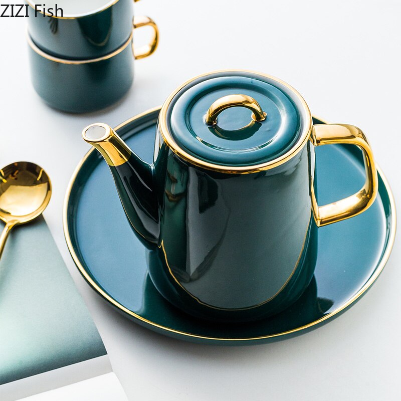 European Luxurious Green Ceramics Tea Set Teacup Teapot with Tray Suit Mugs Milk Tea Coffee Green Household Tea Set