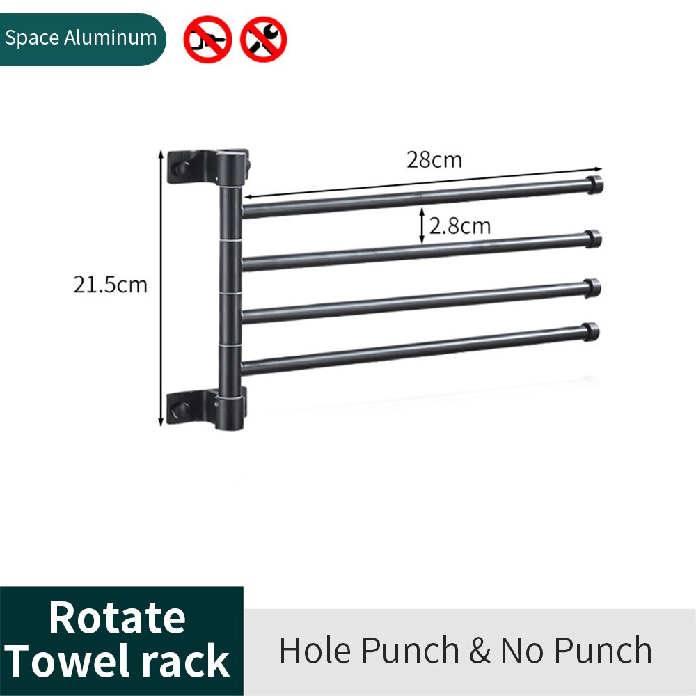 180° Swivel Towel Bar Bathroom Wall Mounted Removable Towels Storage Rack Punch-free Strong Load-bearing Laundry Drying Shelves: 4 pole