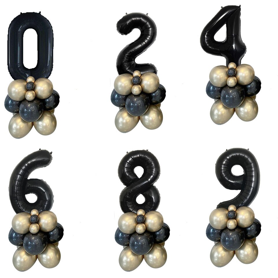 Conjunto de torre de globos negros y dorados de 21 piezas, globo de figura negra 1-9 para decoración de de cumpleaños de niño, decoración de de hombre 30 40 50 60