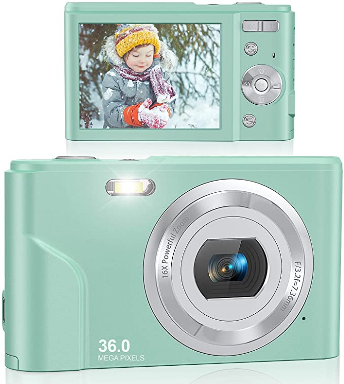 Digital Camera 36.0MP Vlogging Camera 16X Digital Zoom LCD Screen Compact Portable Mini Cameras for Students, Teens,: green