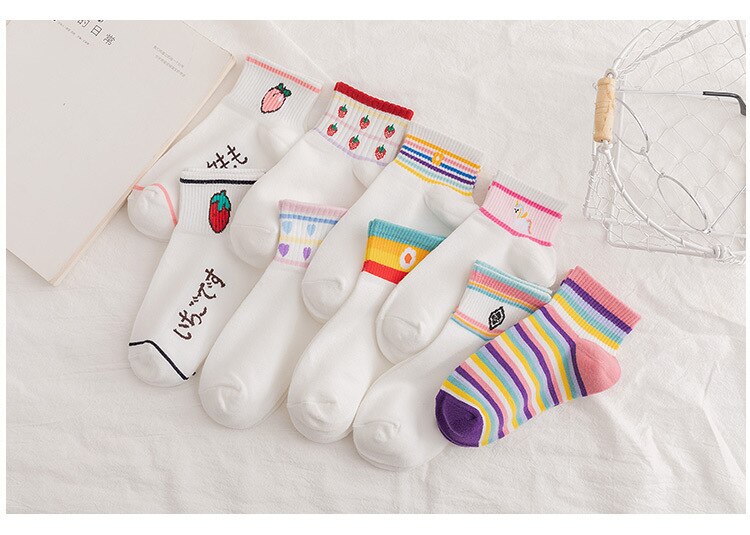 Calcetines cortos de algodón con estampado de arcoíris para mujer, medias de estilo Harajuku, con dibujo de fruta, fresa, primavera y verano