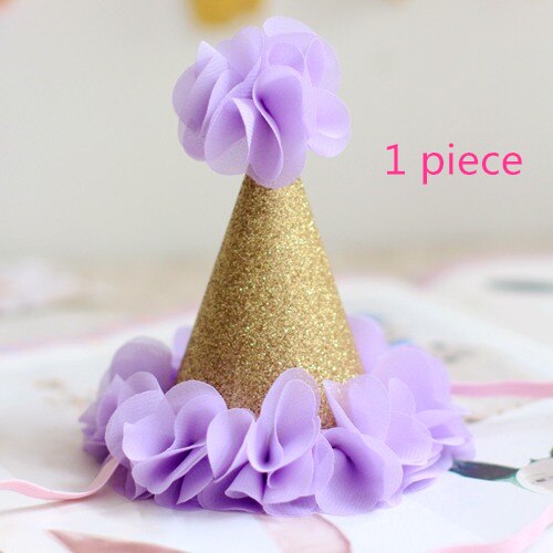 Meisje Bloem Tuin Shabby Chic Verjaardag Hoed Roze Lavendel Gouden Bloem Party Hoed Hoofdband 1st 2nd 3rd Pasgeboren Glitter party Cap: 1 piece Lavender