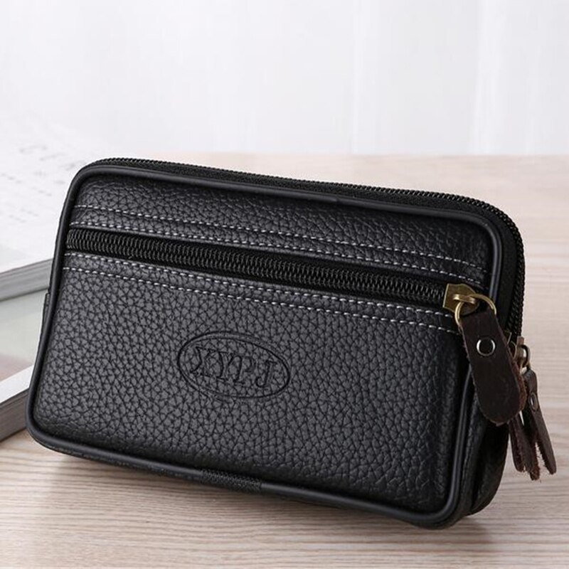 LKEEP Mobile Phone Waist Pack For Men Testificate Bag Leather Coin Purse Strap Pocket Cellphone Bag Clutch Bag Belt Waist Pouch: Black