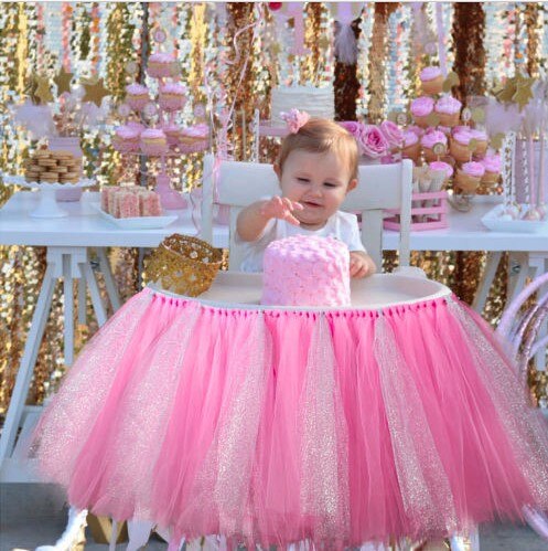 Baby 1St Birthday High Chair Tutu Skirt Tulle Dining Chair Skirt Party Decoratio Net Gauze Children Dining Decoration Home: New Pink Silver