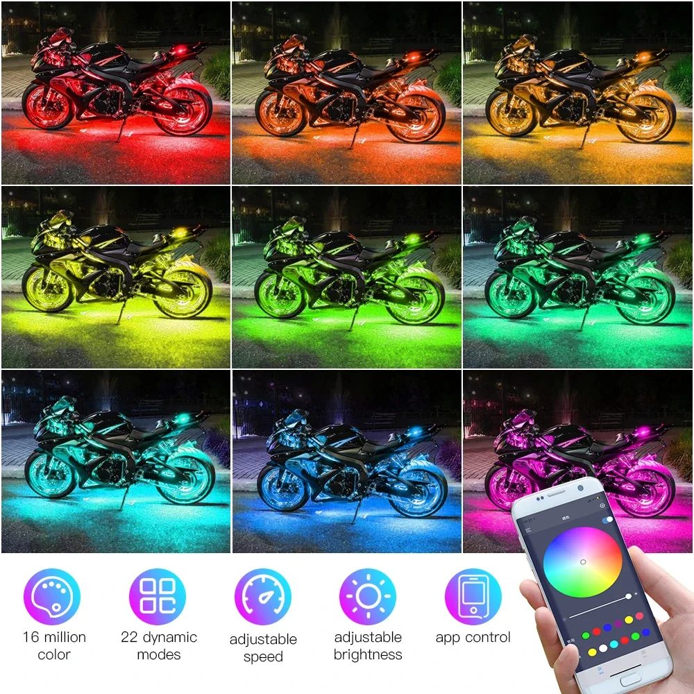 6 in 1 Led Underglow Lights for Motorcycle Glowing Accessories Decorative Lighting RGB Neon Flexible Strip APP Control Backlight