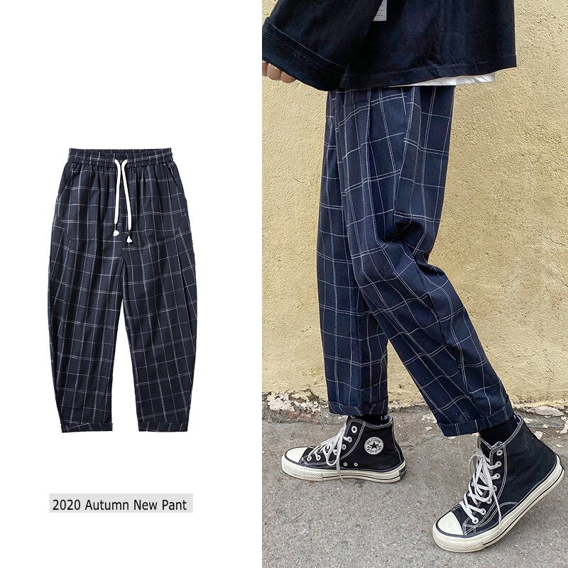 Efterår casual bukser herre vintage bomuld plaid bukser ankel længde vasket snor ternede harem bukser mandlige