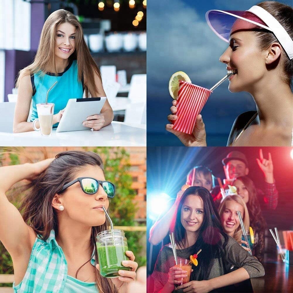 Reusable Metal Drinking Straw 304 Stainless Steel Colorful Straws Bent Straw Set With Cleaner Brush Bar Party Accessory