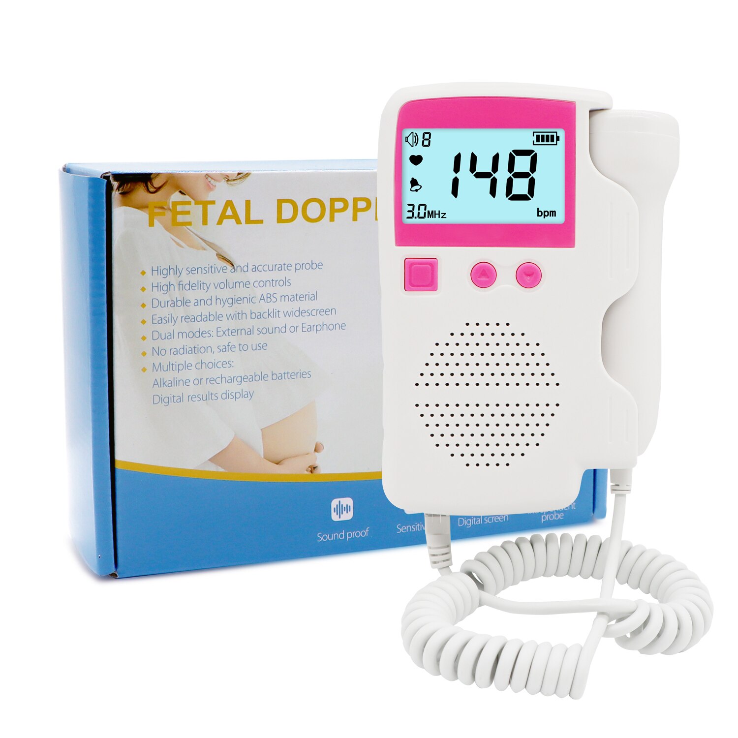 Monitor fetal para mulheres grávidas, doppler doméstico pré-natal sonar detector de batimentos cardíacos de bolso medidor de pulso eletrônico: pink  with box