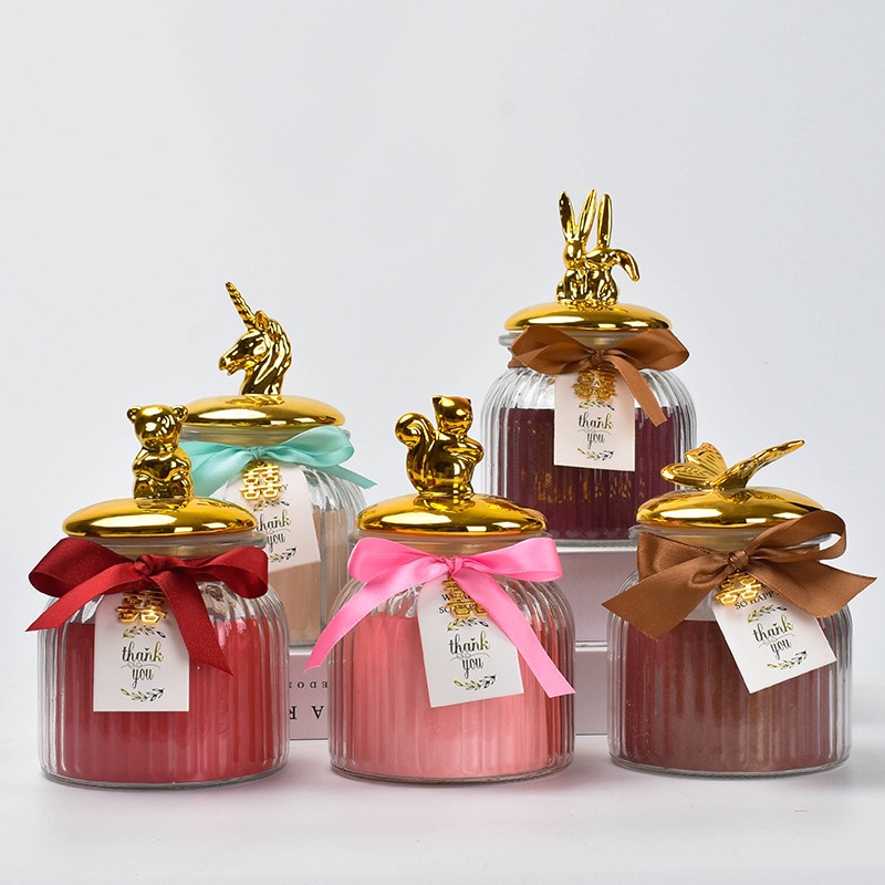 Nordic Storage Bottles Gold Plated Ceramic Cover Glass Jar Color Candy Snack Storage Tank Cartoon Animal Shape Home Decoration