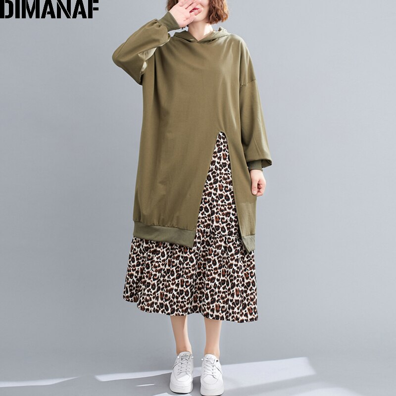 Dimanaf plus size dame kjole print leopard efterår bomuld hætte dame vestidos kvinde tøj afslappet løs langærmet kjole