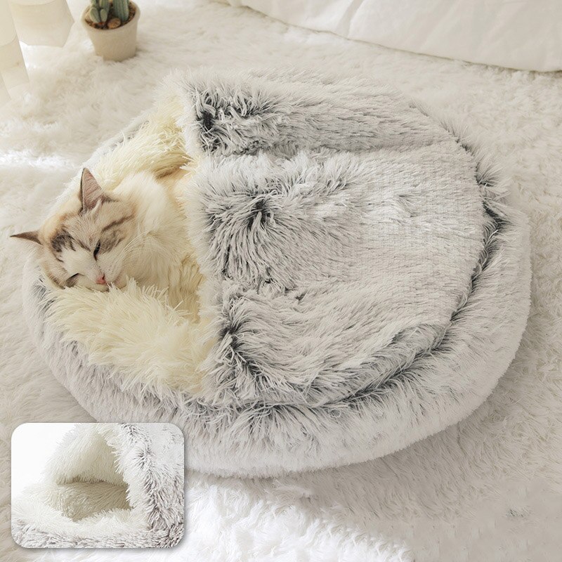 Pluche warme kattengrotbed met capuchon, knus zacht pluche hondenbed, zelfverwarmend knuffelbed, slaapbednest voor honden, katten en puppy's: Grijze lange pluche / 40cm
