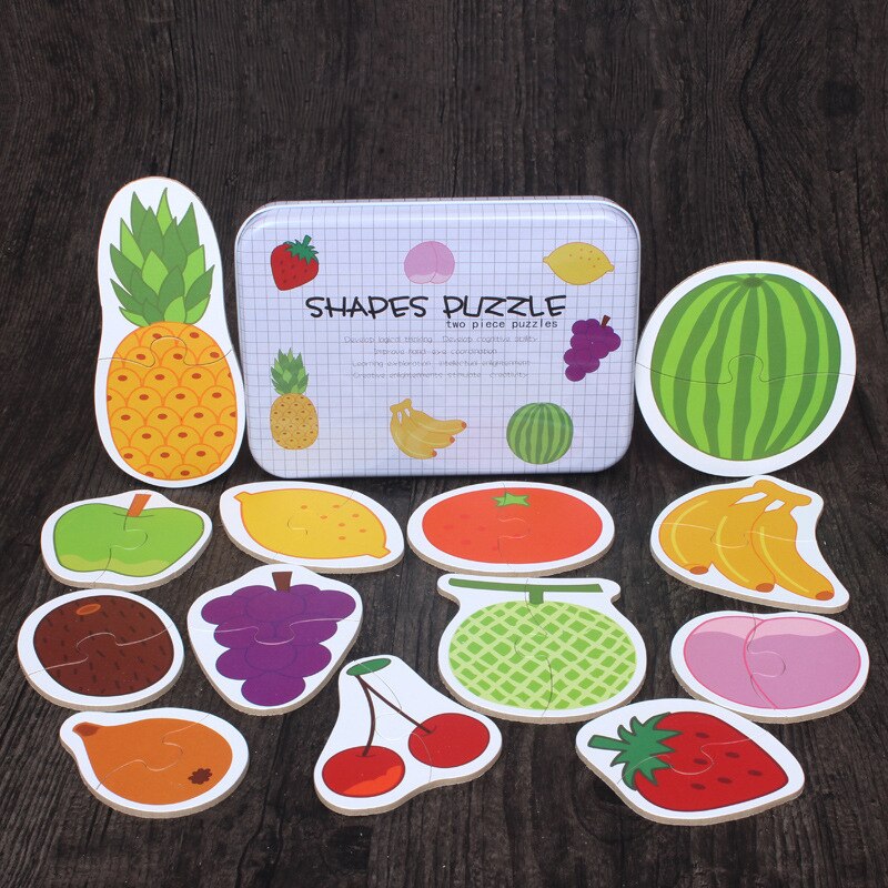 Big Size Vlok Baby Houten Puzzel Speelgoed Vroeg Onderwijs Cartoon Dier Fruit Cognitie Kaart Jigsaw Set Metalen Doos Voor Kinderen: fruit