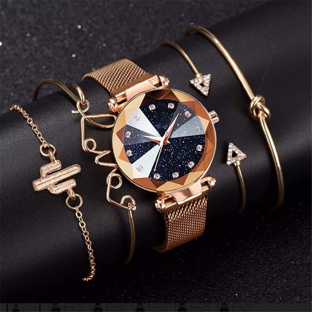 Set de 5 uds de relojes de pulsera de lujo para mujer con de cielo estrellado y rosa dorado con imán y hebilla, reloj de pulsera de , reloj sencillo para mujer