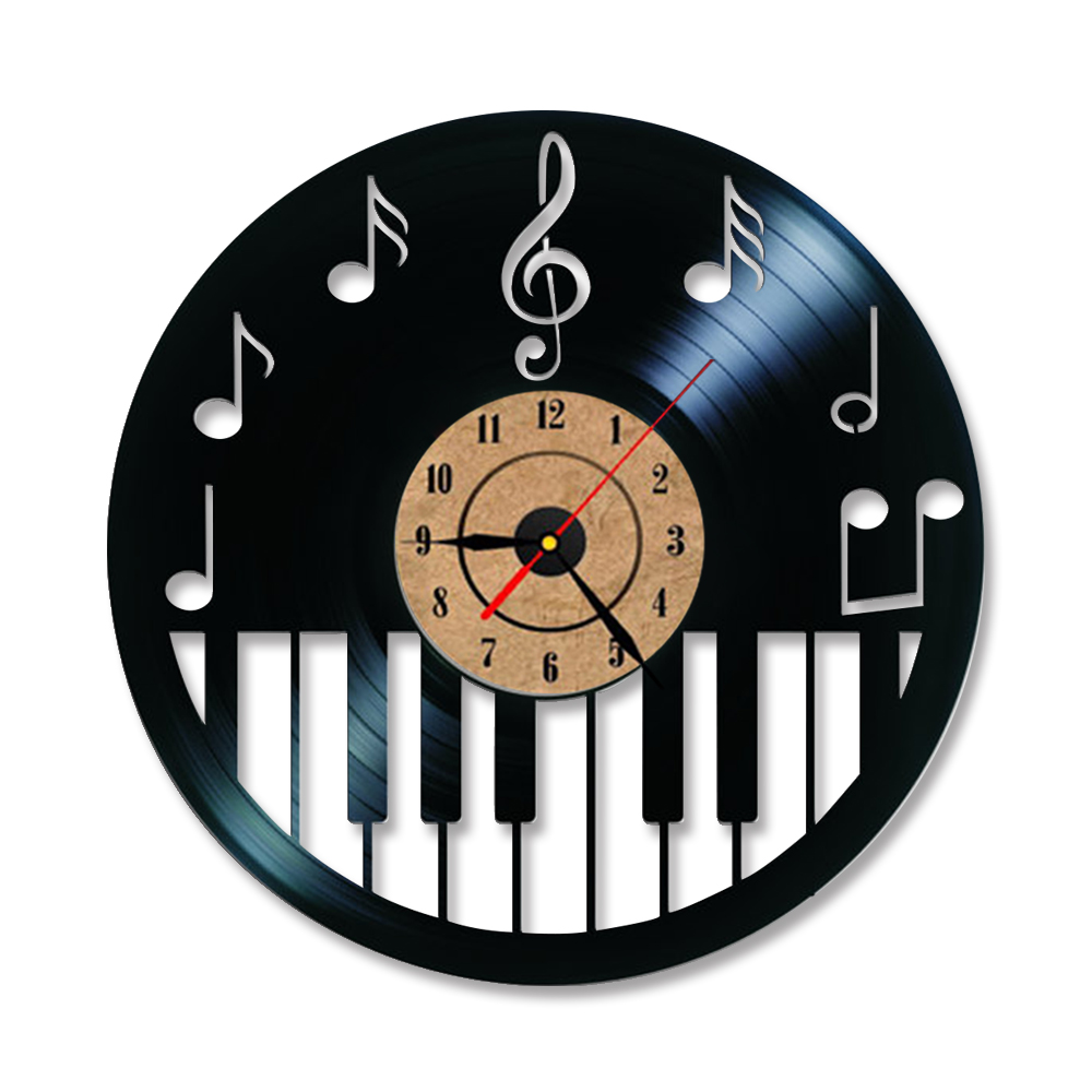 Holle Piano Keybord Vinyl Record Klok Creatieve en Antieke Stijl Zwarte Ronde LED Wandklok Muziek Piano Decor Art Klok: Type 2