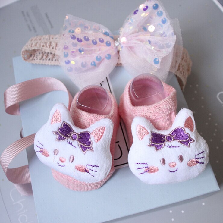Lovely Baby Girl Socks and Headband Set Flower Bowknot Crown Headwrap + Booties Socks 2Pcs Set