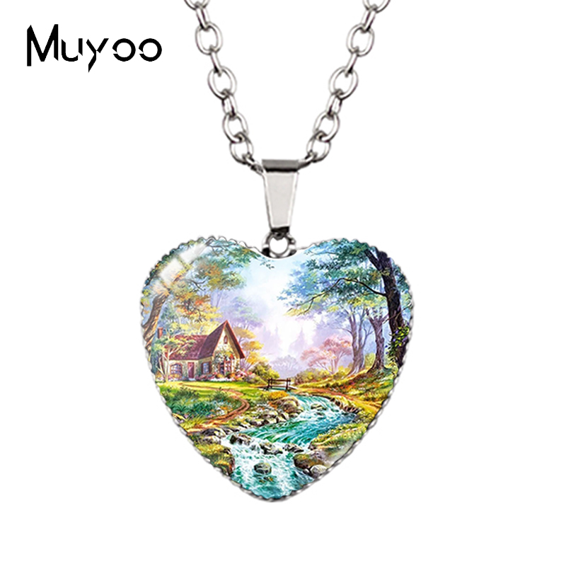Landscape Animal Swans Butterflies Peacock Oil Painting Handcraft Heart Jewelry Pendant Necklace HZ3: SILVER PLATED