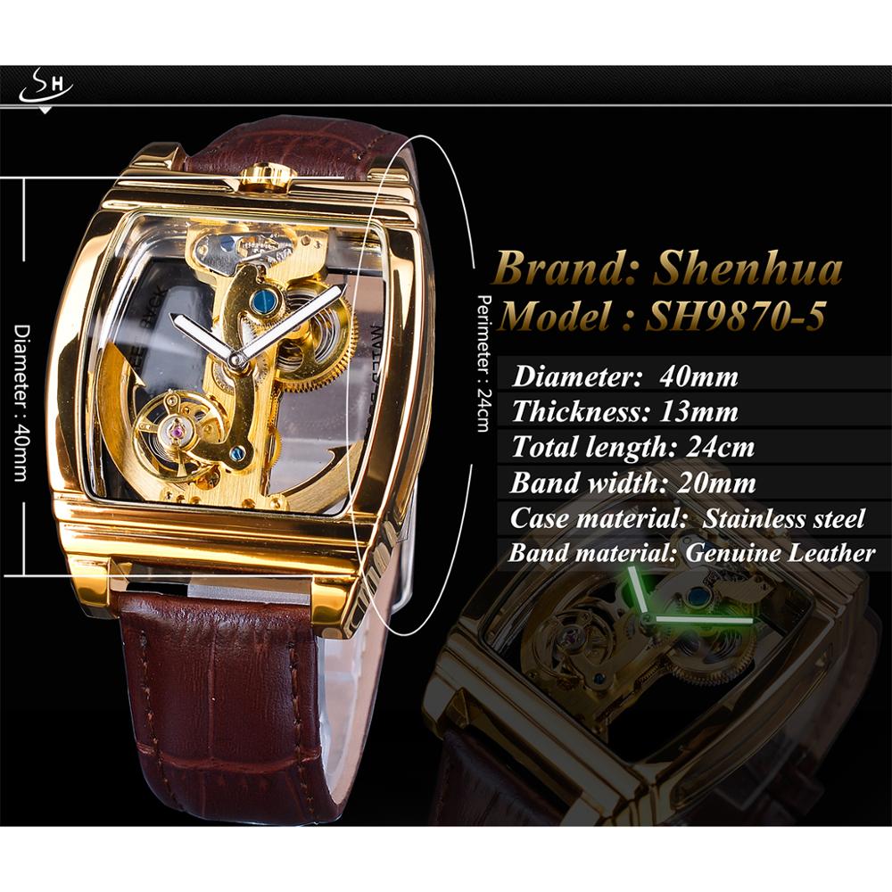 Shenhua Transparante Koninklijke Luxe Waterdichte Automatische Mechanische Horloge Lederen Band Skeleton Tourbillion Goud Lichtgevende Klok