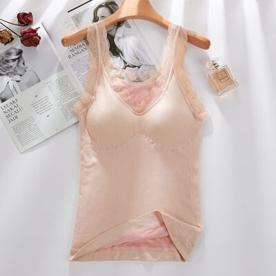 Débardeur Sexy en velours et dentelle pour femme, sous-vêtement thermique, col en v, Slim et , Camisole en coton, grande taille, 40-90Kg: Skin / L 67.5-95 kg