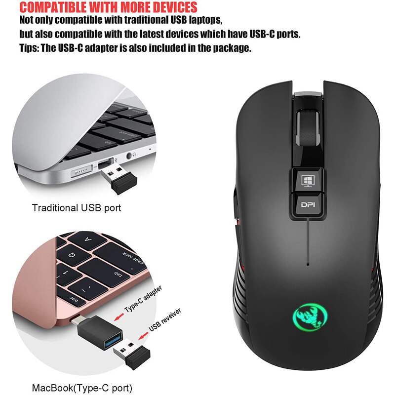 SeenDa 2.4G Wireless Gaming Mouse with USB Receiver Silent Type-c Backlit Rechargeable Mouse for MacBook Computer PC Laptop