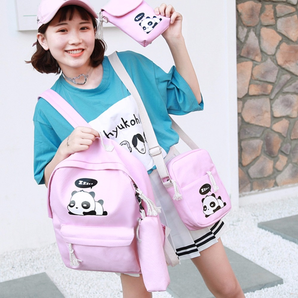 4 pçs/set bonito dos desenhos animados das mulheres panda impresso mochilas lona ombro clutch schoolbags composite sac a dos mochila feminina 2018