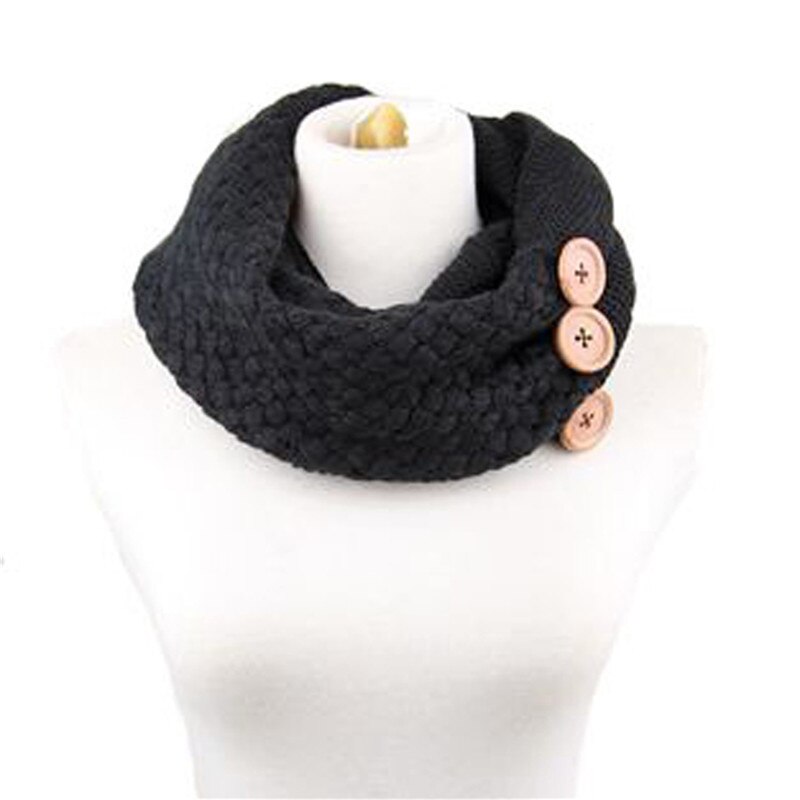 Winter Warm Knit Infinity Sjaal Luxe Vrouwen Effen Kleur Gehaakte Patroon Basic Chunky Grote Knop Gebreide Snood Ring Sjaal: Black