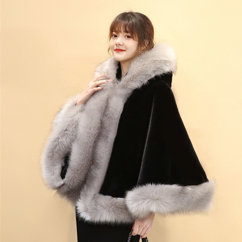 Vrouwen Hood Capes Mantel Winter Dikke Capuchon Bont Sjaal Wit Rood Zwarte Trouwjurk Bruid Bont Cape Poncho Dikker plus Size: GRAY