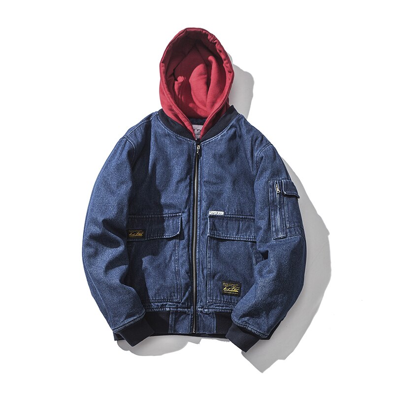 Winter Thickened Denim Jacket Men Japanese Style Streetwear Casual Warm Hooded Bomber Jacket Coat Cotton Padded Clothing Male