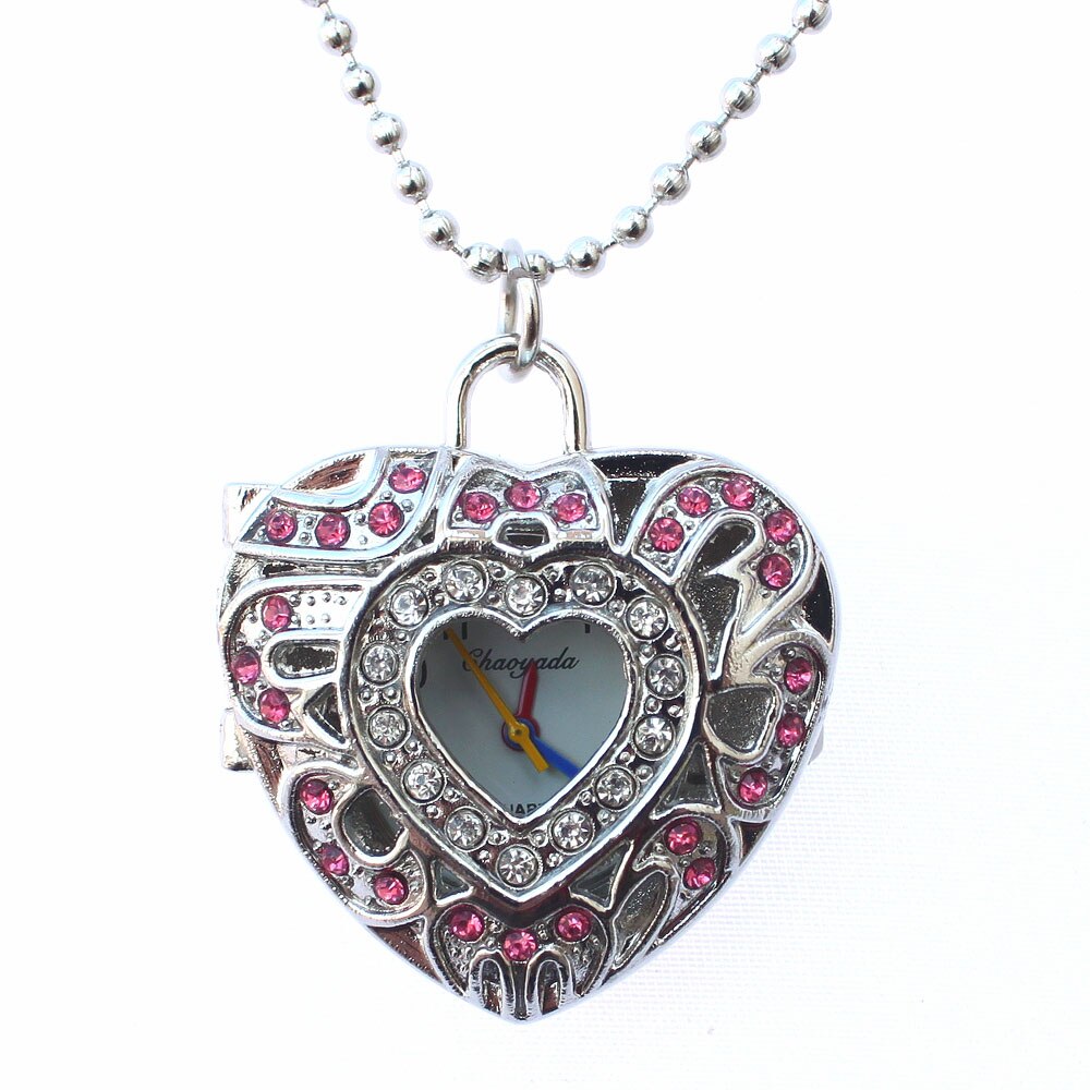 Mode Roze Hollow Quartz Hartvormige Zakhorloge Ketting Hanger Ketting Klok Vrouwen Blauw Hart Horloges: Pink Hollow Heart