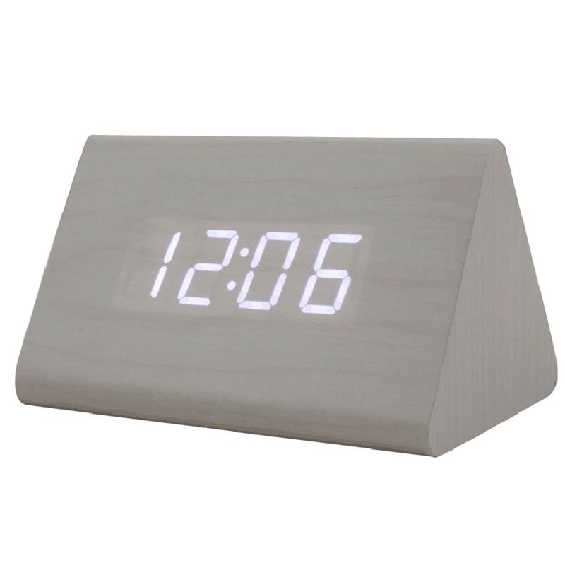 Moderne trekantet led træ vækkeur klassisk digital lydkontrol skrivebord ur termometer (sort træ og hvidt lys)