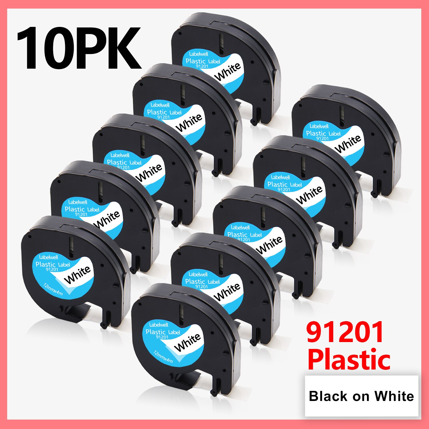 10PK Compatible Dymo LetraTag 91201 91202 12267 91200 91203 91204 91205 Plastic Label Tapes 12mm*4M for Dymo LT-100H LT-100T XR: 10PK Black on White