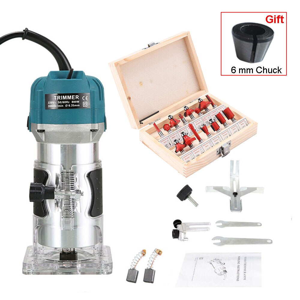 800W Houtbewerking Elektrische Router Trimmer Hout Frezen Graveermachine Hand Carving Machine Hout Router Met Frees: green