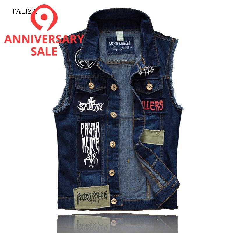 Faliza Hip Hop Mannen Patches Jeans Vest Ripped Denim Vest Mannen Denim Vest Man Mouwloos Jeans Vest Verzwakte MJ-101