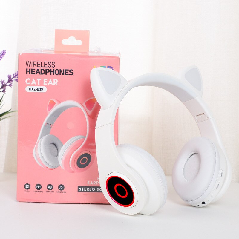 Auriculares inalámbricos Bluetooth de estilo lindo con orejas de gato, auriculares para juegos, para chicas, coloridos auriculares BT 5,0, Auriculares Bluetooth de belleza: headset an box white