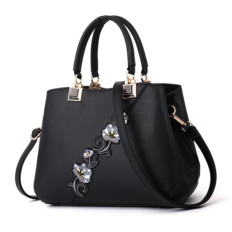 Bolso de mano con bordado de flores para mujer, bolsa de hombro con bordado de flores,: black1