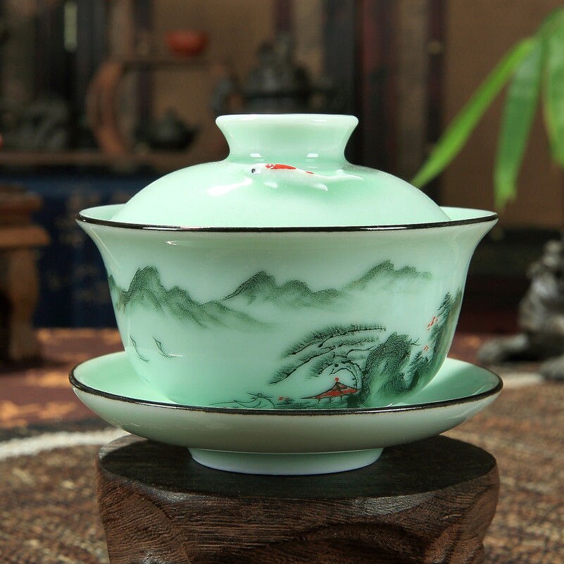 [grandness] longquan gaiwan sett porselens tekopp håndmalt floral sancai tekopp 170ml