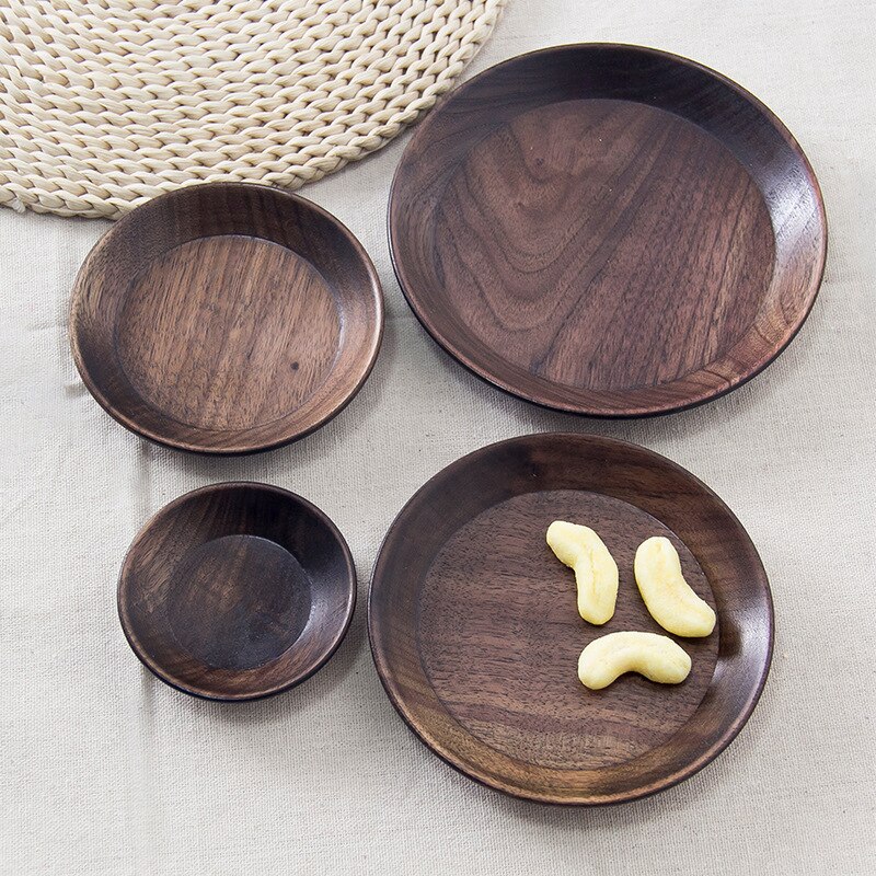Platos de madera de nogal negro, platos de frutas, platillo, bandeja de té, plato de postre, platos de madera