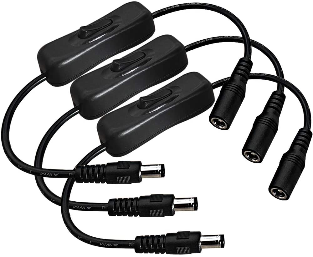 3 Pack LED Strip Light Inline On/Off Switch Cable for DC Jack 5.5mm x 2.1mm Male to Female Connector, DC Jack Switch,LED Tape Li