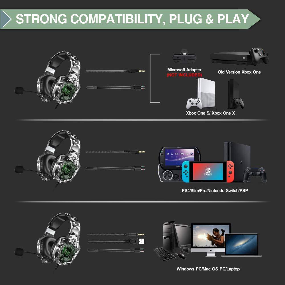 ONIKUMA K8 gamingowy zestaw słuchawkowy przewodowe słuchawki Stereo z redukcją szumów z mikrofonem LED Lights słuchawki na PS4 XBox One PC Laptop Tablet