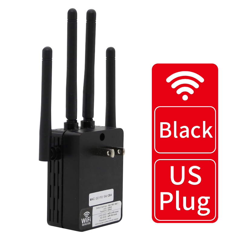 2.4G/5.8G Wifi Versterker Wifi Repeater 1200Mbps Wifi Router Lange Range Extender Thuis Wifi Signaal Booster met 1*100M Lan-poort: Black US PLUG