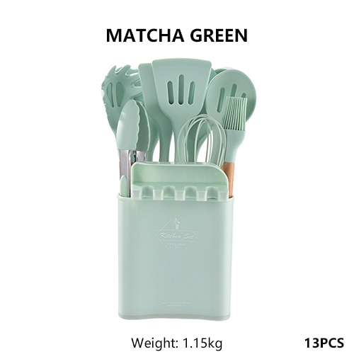 Juego de utensilios de silicona para la cocina, espátulas y palas antiadherentes con mango de madera, instrumentos para cocinar con recipiente de almacenamiento, accesorios para cocinas: Matcha green