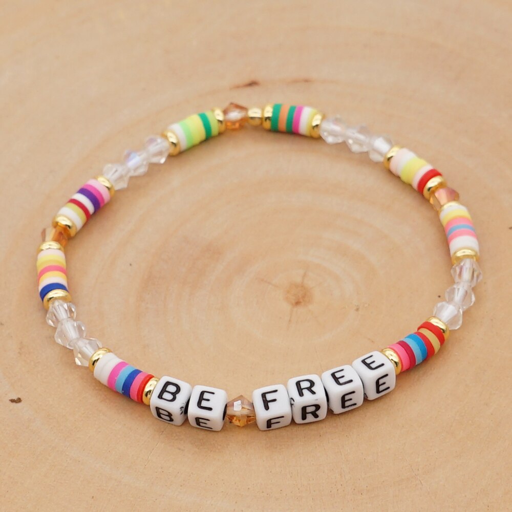Go2 boho armbanden voor dames, letters van polymeerklei, kralen patchwork armbanden, elastische heishi kralen, handgemaakte dames polsbandjes